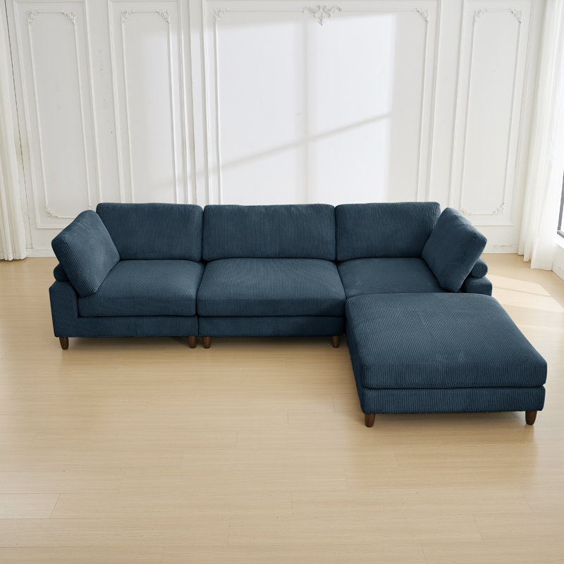 4-Piece Sofa With Ottoman, Blue Corduroy