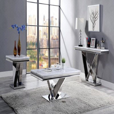 Sofa Table, Glam Faux Marble, V-Shape Stainless Steel