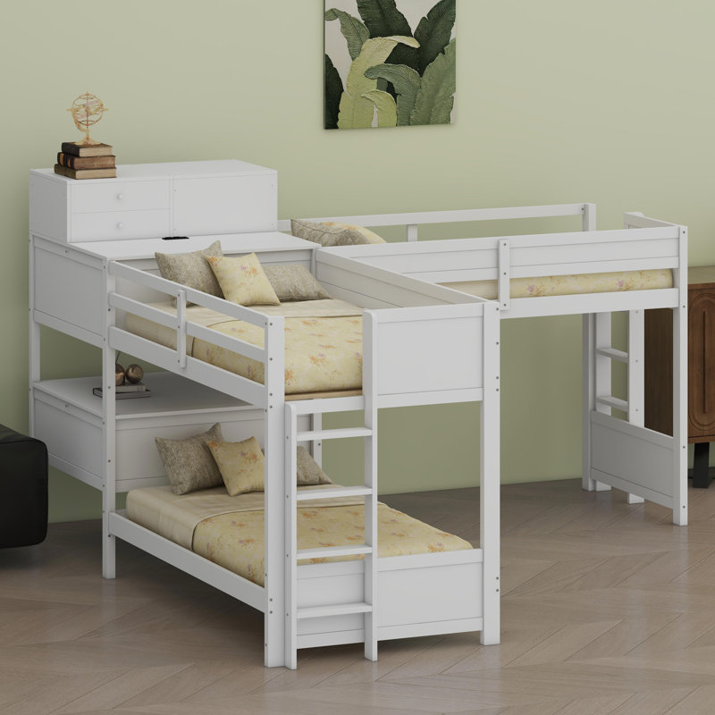 Lit superposé en L avec bureau d'étude intégré, tiroirs de rangement et ports de chargement USB intégrés, White