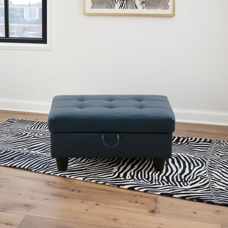 Faux Leather Ottoman, Black, Blue Faux Leather
