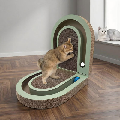 Extra-Long 26 Inch Folding Cat Scratch Pad with Chasing Balls, Double-Sided Interactive Cardboard Scratcher