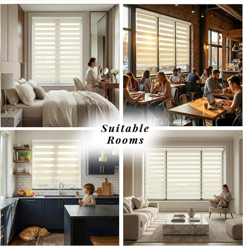 Zebra sans fil - stores à double couche filtrant la lumière pour l'intimité, couleur crème, habillages de fenêtre réglables