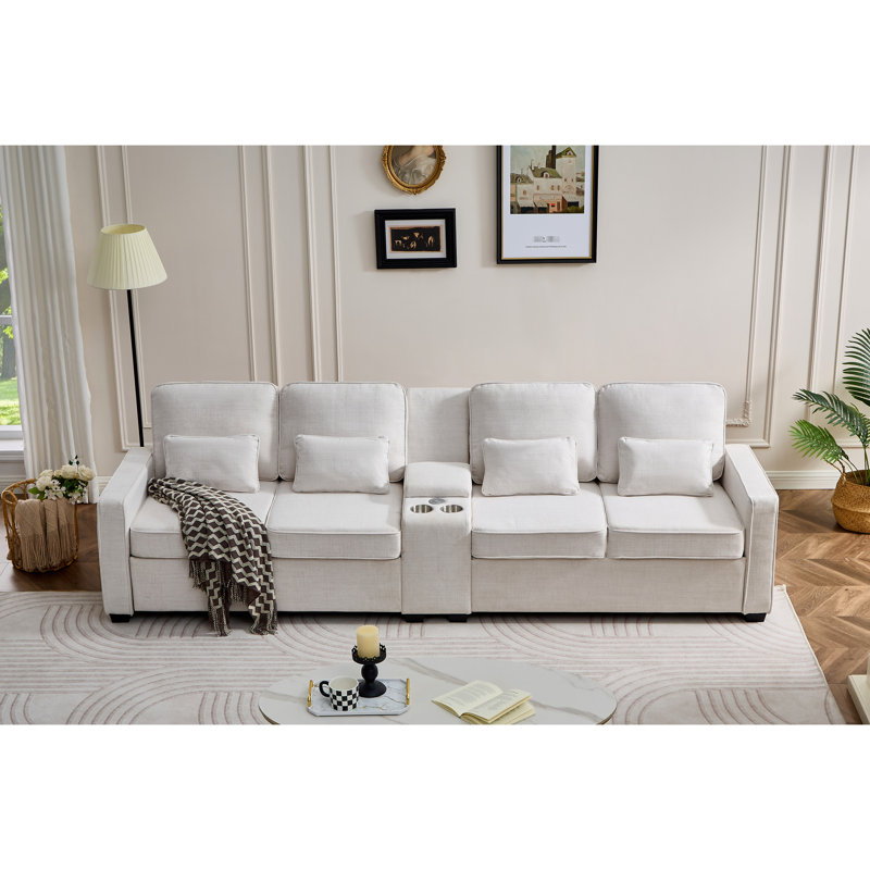 4 revêtus de beige, long de 114 pouces, avec console, 2 porte-gobelets et 3 ports câblés, tissu en lin moderne pour le salon, un appartement, une structure en bois massif, un siège mi-moelleux confortable, un dossier coussiné