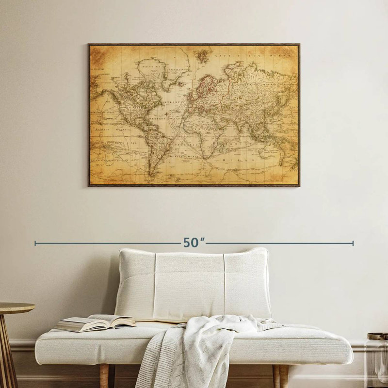 Carte du monde de l'Ancien siècle, Cadre flottant en noyer, 40 po x 27 po