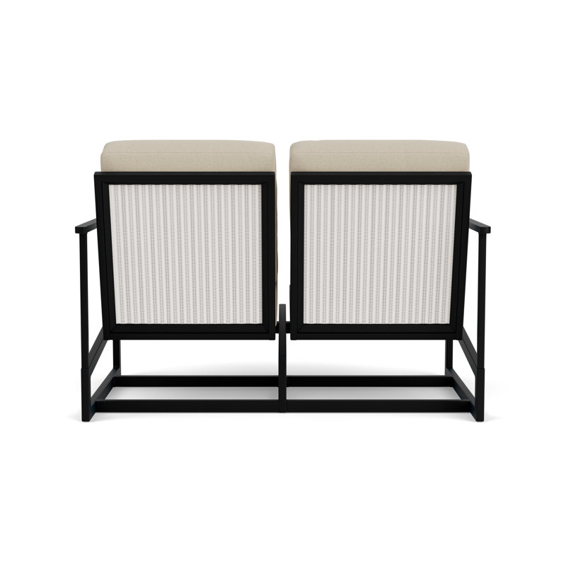 Outdoor Summit Rocker Bench with Cushions, White, Rumba Straw, Ebony