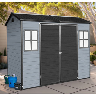Remise de jardin 8 po x 4 pi en résine avec plancher et 2 fenêtres, remise en plastique pour patio avec porte verrouillable pour outils de jardin, vélos, poubelles, gris et noir