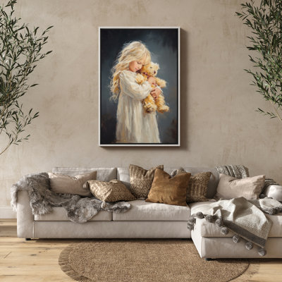 Blonde Child Holding Teddy Bear Soft Classic Portrait Framed Print Wall Art