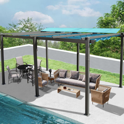11 X 16 Ft Outdoor Pergola - Lake Blue. Aluminum Framework. Fade- Canopy. Retractable For Sun Blocking. Simple Assembly. Ideal Courtyard, Lawn, Pool. In Material. Water-repellent Sunshade Feature.