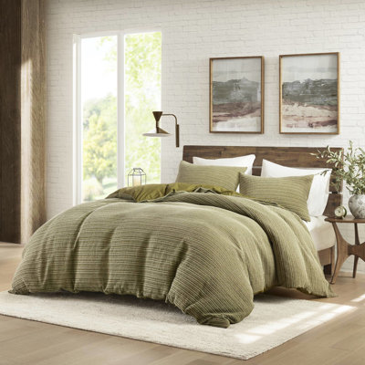 Couette pour lit double / grand, 3 pièces, lavé à la gaufre, 100% coton, respirant et détendu toutes saisons, conception surdimensionnée, confort, douceur pré-pierre rétro, fermeture, confort, lavé au charbon