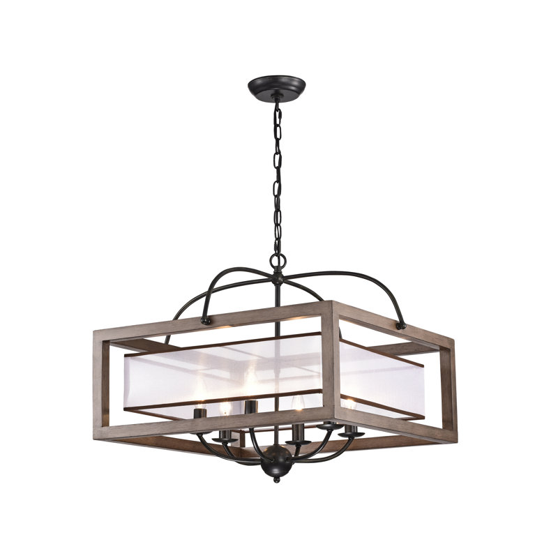 Reinert 6 - Light 24" Antique Black Metal Natural Wood Fabric Shade Lantern Square Chandelier