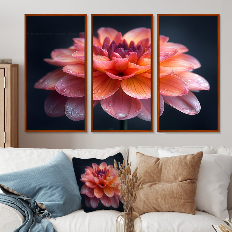 Ensemble de décorations murales roses et orange, Toile avec cadre flottant brun, H 40 po x l 60 po x P 1 po