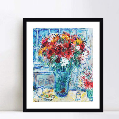 Framed canvas Estampe numérique print art flower#8 by marc chagall wall art living room home office decorations(black frame with mat,20" x24" )
