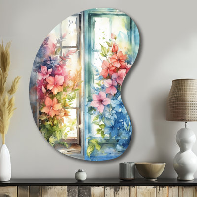 Window Of Floral Blooms I - Unique Shape Window Metal Wall Art, Asymmetrical Metal Wall Sculpture Print