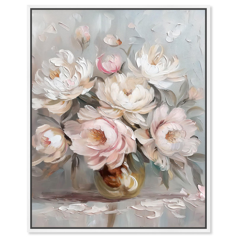 «Light Rose Dream», élégantes fleurs sur toile par Art Remedy, H 21 po x l 17 po, Cadre flottant blanc