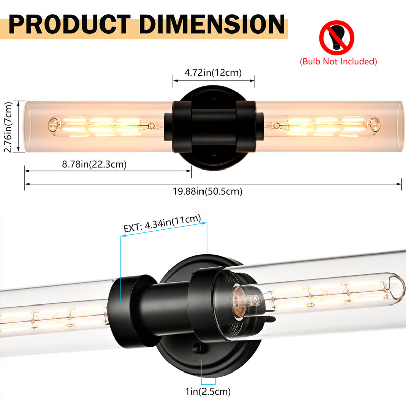 Luminaires muraux cylindriques en verre, Clair, Noir mat