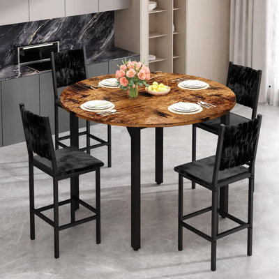 5pcs Modern Dining Room Table and Chairs Set for 4, Kitchen Table Set with Round Table & 4 Chairs for Apartment, Dining Table Set with MDF Broad & Metal Frame for Small Space,Kitchen, Dining Room, Rustic Brown & Black