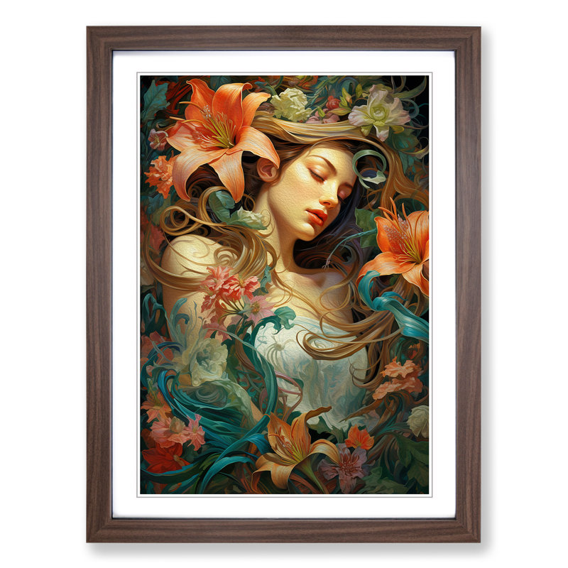 Lily Flower Rococo - Single Picture Frame Print on Wood, Walnut Framed, 34cm H x 25cm W x 2cm D