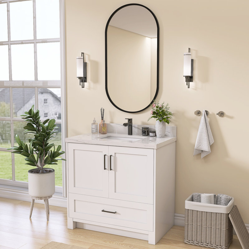 Stavya 36"H x 18"W Modern Minimalist Wall Mounted Oval Vanity Metal Mirror, Matte Black