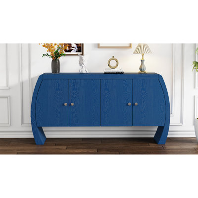 En placage de bois et frêne avec tablettes intégrées de couleur bleu marine, base à pieds courbés pour usage résidentiel