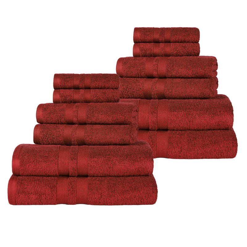 Ultra-Soft Cotton Solid Double Line Dobby Border Quick-Drying 12 Piece Assorted Towel Set, Maroon