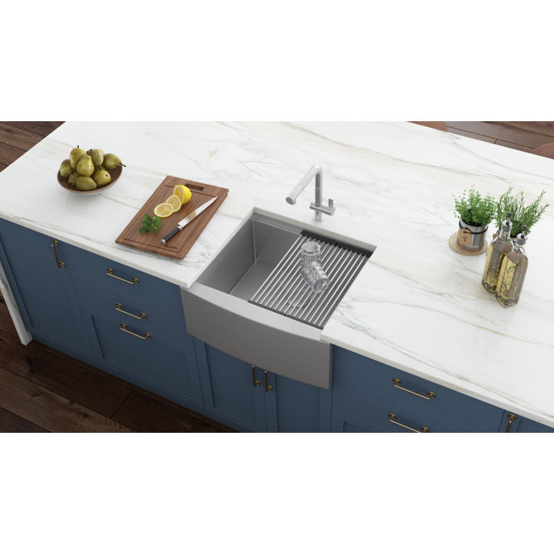 Verona Workstation 33" L x 22" W Farmhouse Kitchen Sink with Sink Grid and Drain Assembly, 22" L x 24" W