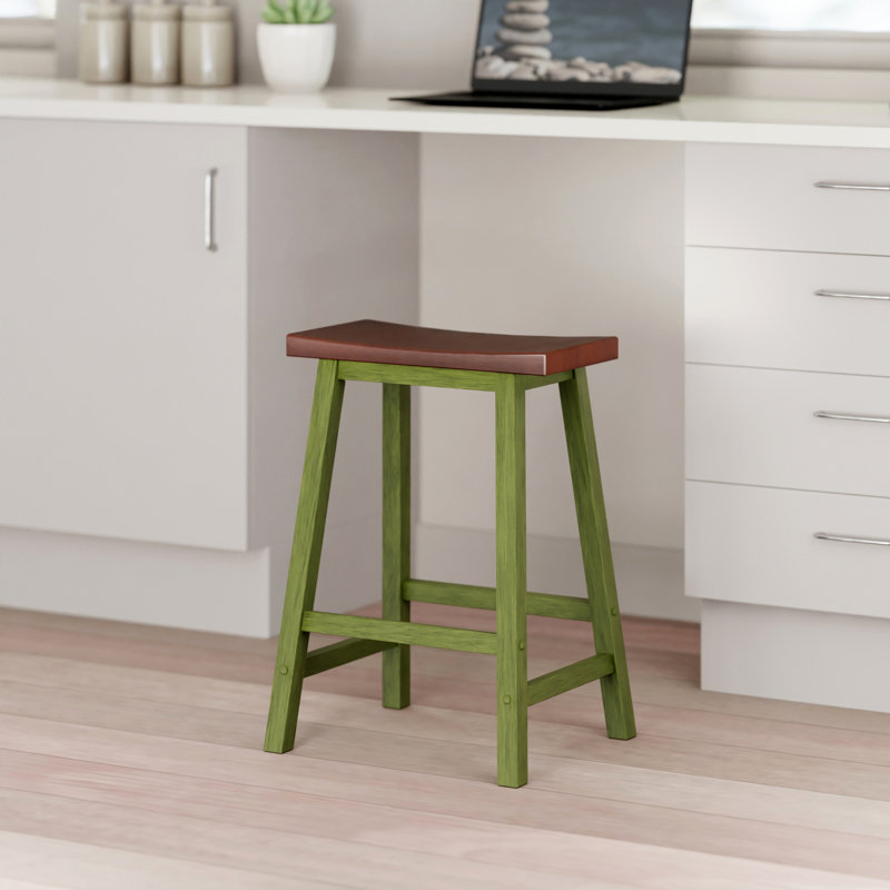 Satori Saddle Seat Counter Stool, Rustic Green And Walnut, Counter Stool (24" Seat Height)