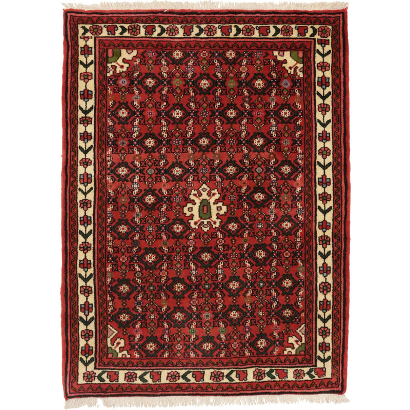 Tapis unique en laine noué à la main de style années 2010 de 3 pi 6 po x 4 pi 9 po noir / jaune / rouge Mittler