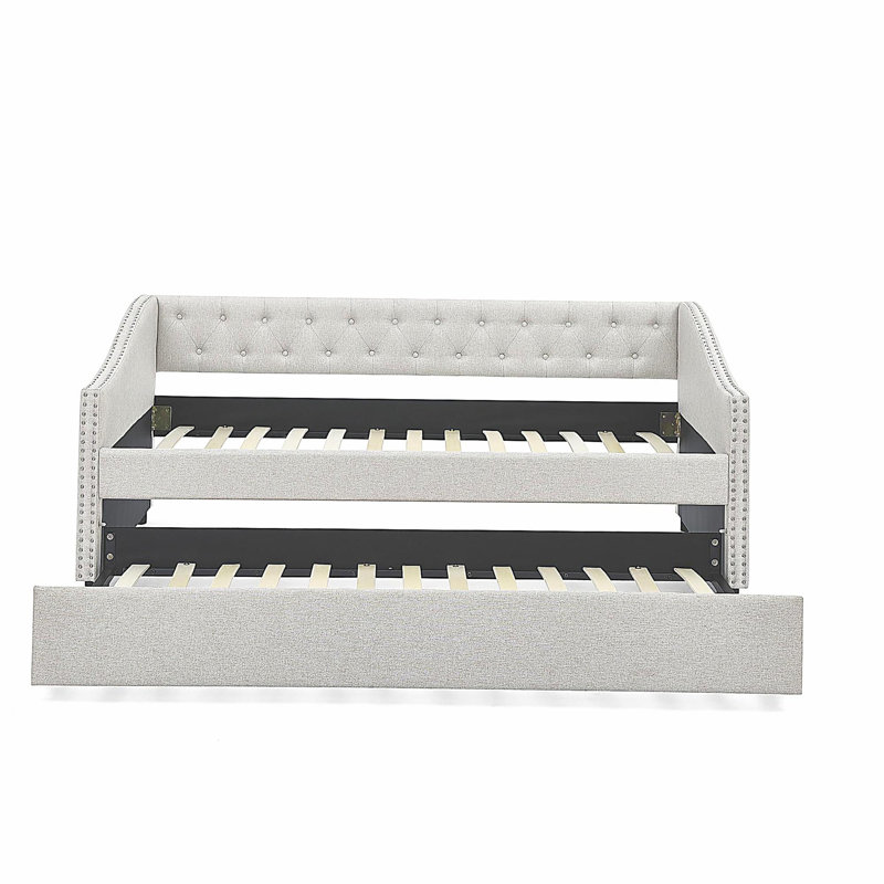 Lit de jour simple avec lit gigogne simple et canapé-lit capitonné, avec bouton sur le dos et clou en cuivre sur les accoudoirs ondulés, beige (80,5 po x 41 po x 30,5 po)
