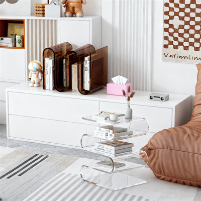 S-Shaped Acrylic Side Table, Amber Brown No-Assembly Multifunctional End Table with 4 Open Magazine Storage, 0.47" Thick Acrylic Accent Table for Living Room, Sofa, Bedroom & Balcony