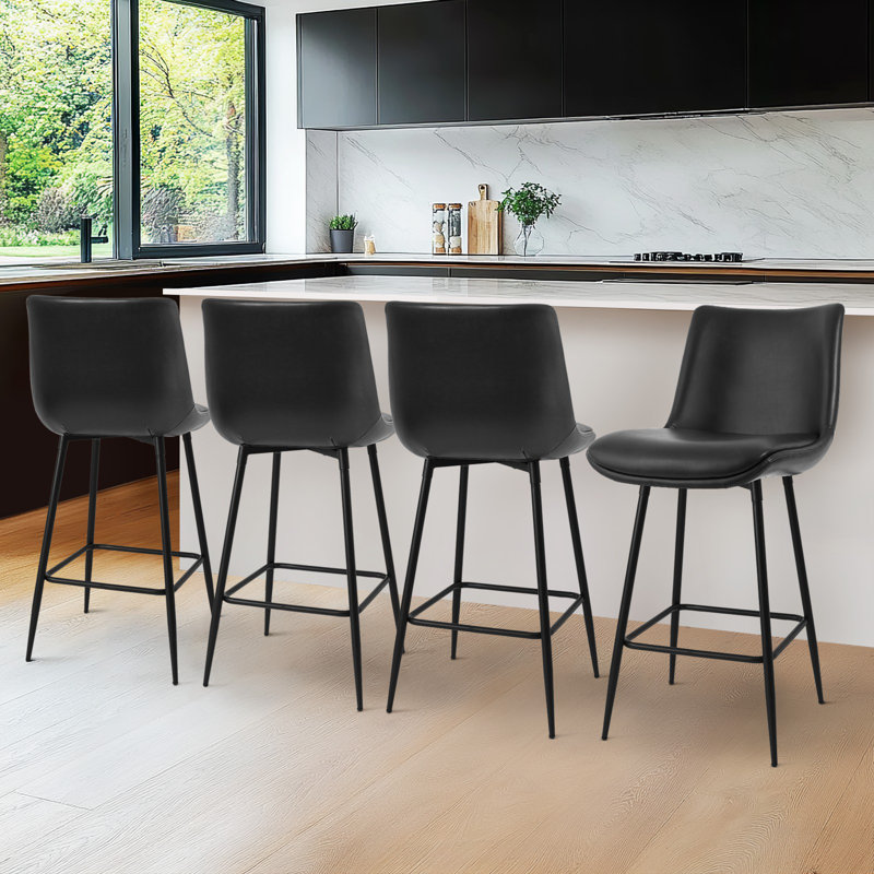 Pu Leather Upholstered Counter & Bar Stool  Set of 4 With Metal Legs, Black