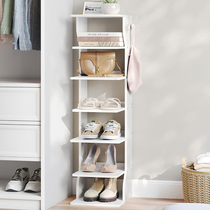 7 - Tier Narrow Vertical Shoe Rack with Hooks, a Corner Space Storage Marvel, White