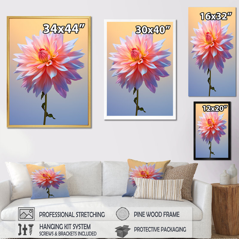 Danse corail et bleu Dahlia I - impression, Cadre simple noir, H 20 po x l 12 po x P 1 po