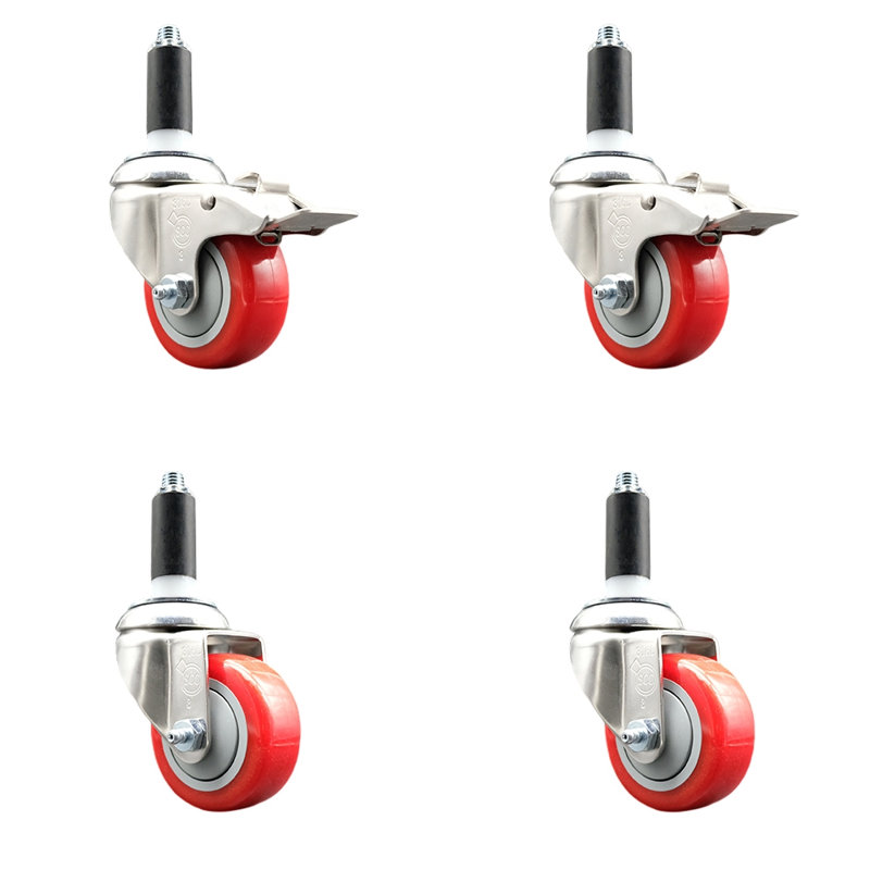 Ensemble de roulettes à tige pivotante 3,5 pouces en polyuréthane rouge 3,5 pouces et 1 frein