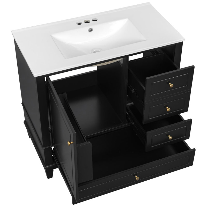 Ensemble de meuble-lavabo à plusieurs tiroirs, Noir et or