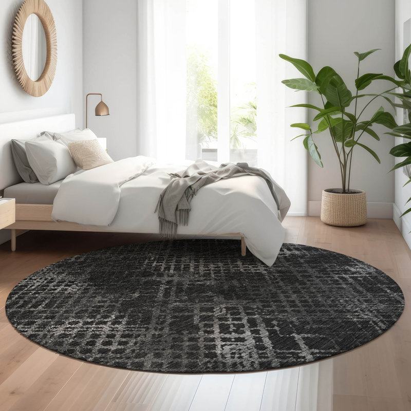 Premium Machine Washable Prisco Charcoal Rug, Round 8'