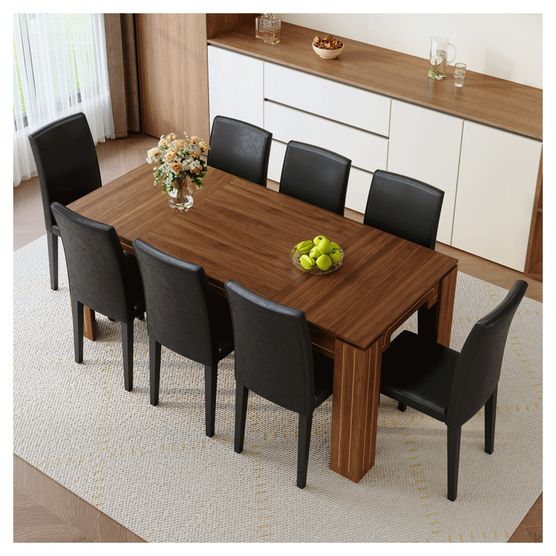 Ensemble de table de salle à manger en noyer avec 8 chaises en cuir de polyuréthane noir - Mobilier de cuisine moderne de 71 po pour la maison