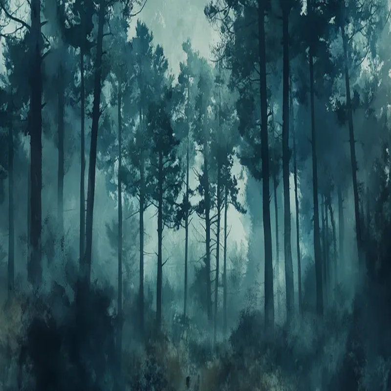 Paysage de forêt profonde sarcelle et brumeux, L 108 po x l 192 po