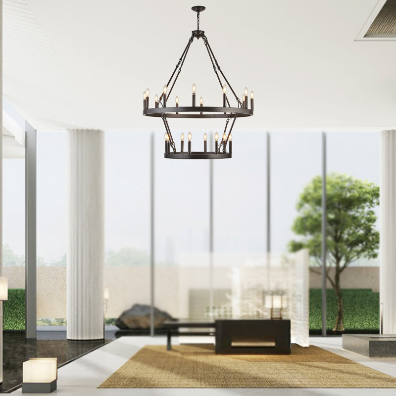 20- Light Dimmable Lantern Wagon Wheel Chandelier, Oil Rubbed Bronze