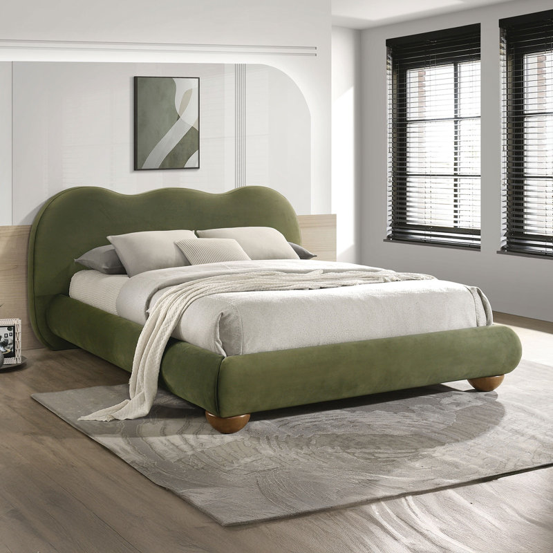 Wooden Leg Upholstered Platform Bed With Camelback Headboard, Queen, Olive Green