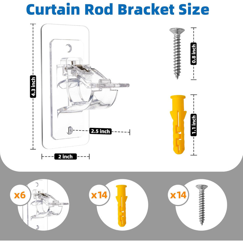 6-Pack No Drill Needed Curtain Rod Holders, Self Adhesive Rod Brackets,Transparent