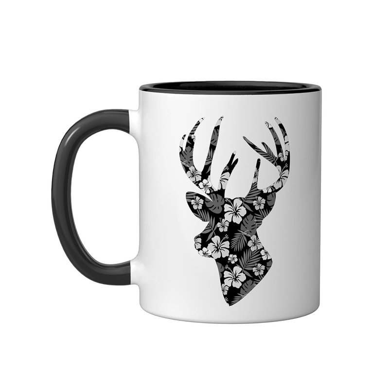 Deer Head Black White Hibiscus Floral Flower Ceramic Mug, 11oz