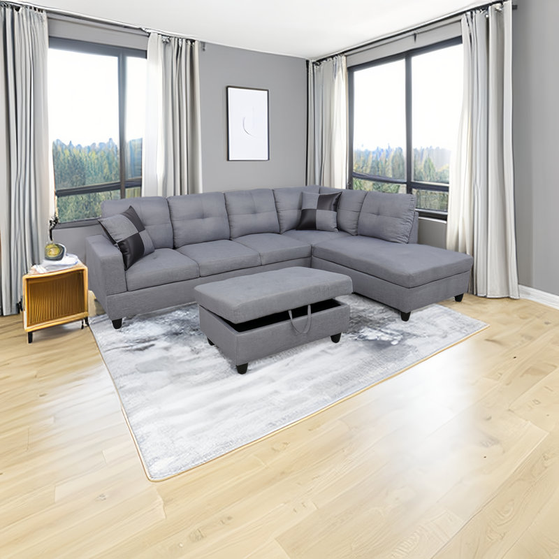 Quinnes Upholstered L-Shaped Sectional, Right Hand Facing, Grey Linen