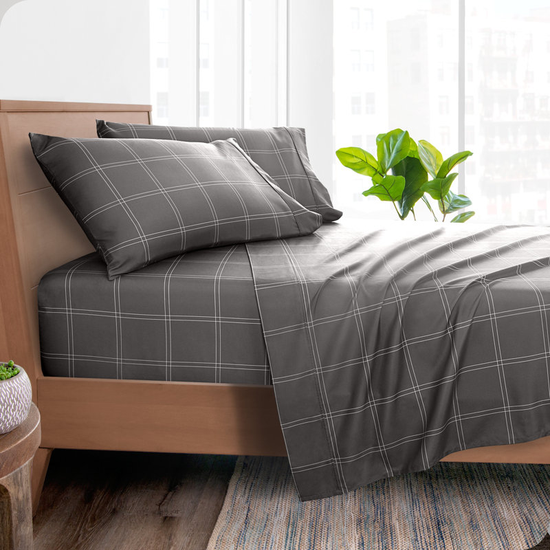 Sheet Set - Ultra-Soft Microfiber Bed Sheets - Double Brushed - Deep Pockets - Easy Fit, Modern Plaid - Grey/White