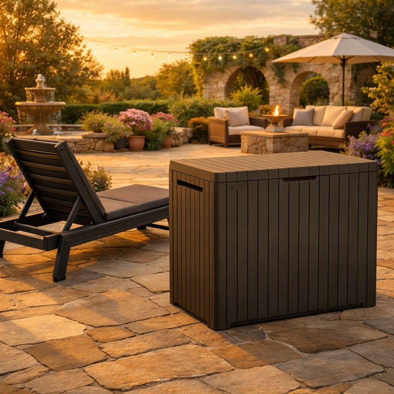 30 Gallon Resin Outdoor Deck Box with Lockable Lid for Garden, Pool, and Patio, Taupe