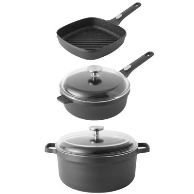BergHOFF GEM 5Pc Non-Stick Cast Aluminum Cookware Set with Grill Pan, Saute Pan, and Stockpot