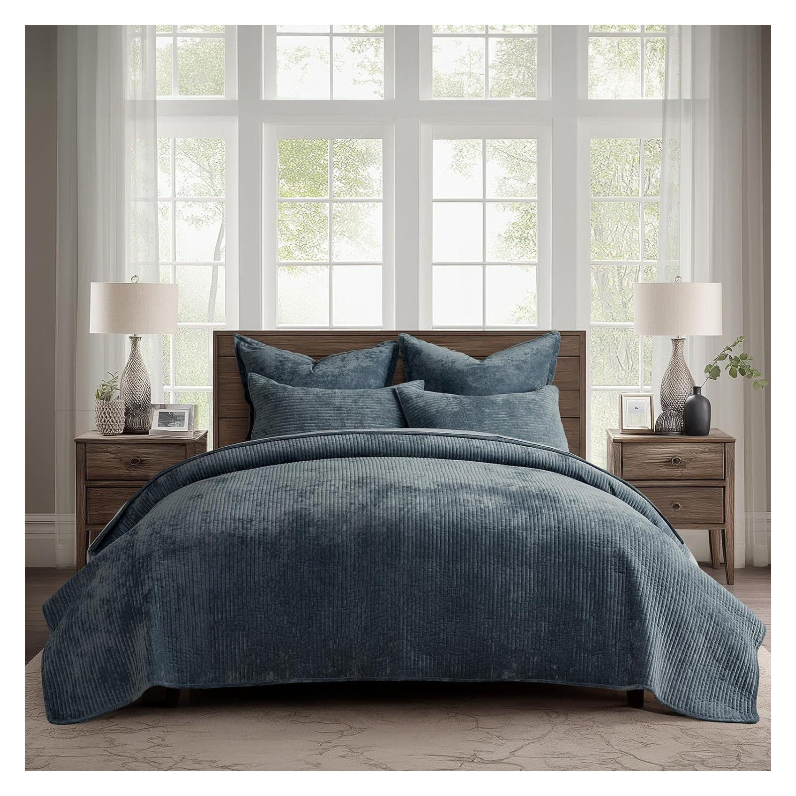 Striped Channel Velvet Quilt Set, Queen, Midnight Blue