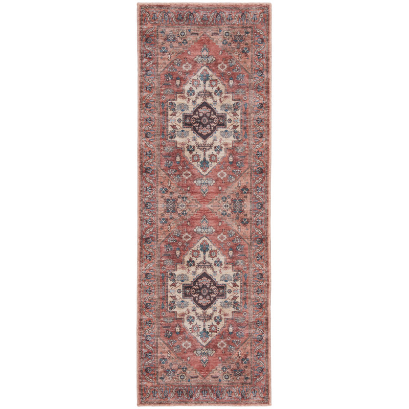 Oriental Machine Woven Machine Washable Polyester Area Rug in Red/Black, Runner 2' x 6'