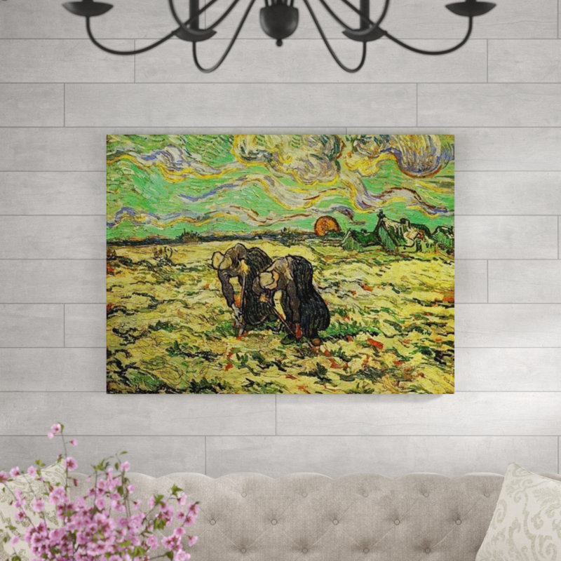 'Two Peasant Women Digging in Field with Snow' by Vincent Van Gogh Painting Print, 60cm H x 80cm W x 1.8cm D