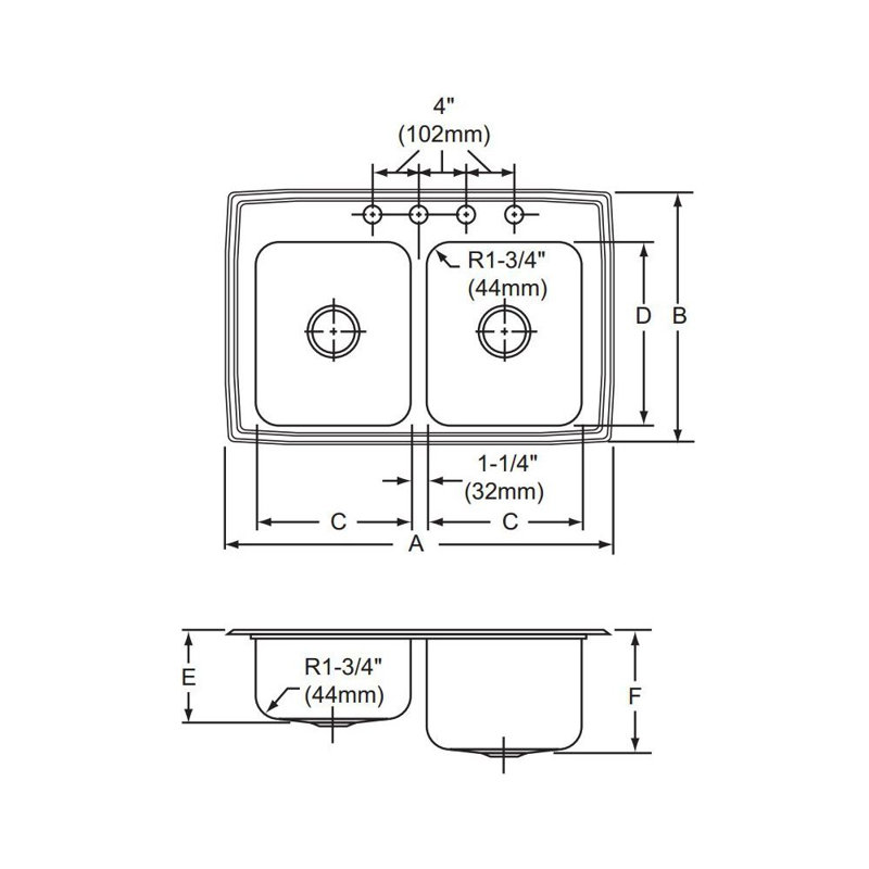 Évier de cuisine encastré à deux bassines de 33 po x 10,13 po Gourmet, 0 trou