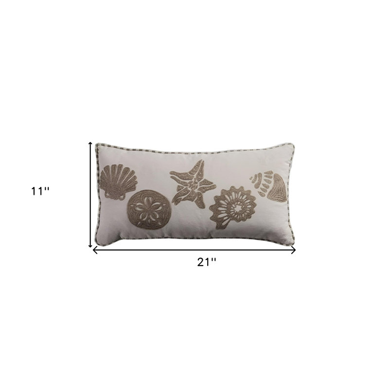 Coussin en coton 11 "x 21" avec coquillages beige et kaki